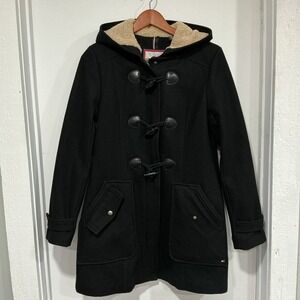 Tommy Hilfiger Wool Blend Duffle Coat, Toggle Buttons, Hood, Black, Small
